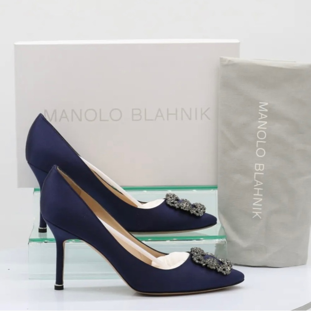 MANOLO BLAHNIK HANGISI 90 WOMENS SATIN PUMPS UK 5.5 EU 38.5 NAVY